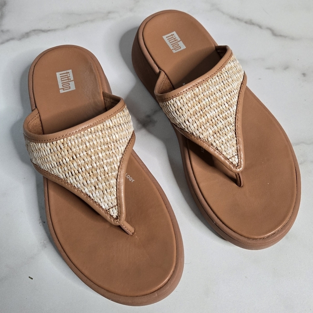 FitFlop F-Mode Woven Raffia Flatform Sandals Latte Tan / Ivory Sz 6.5